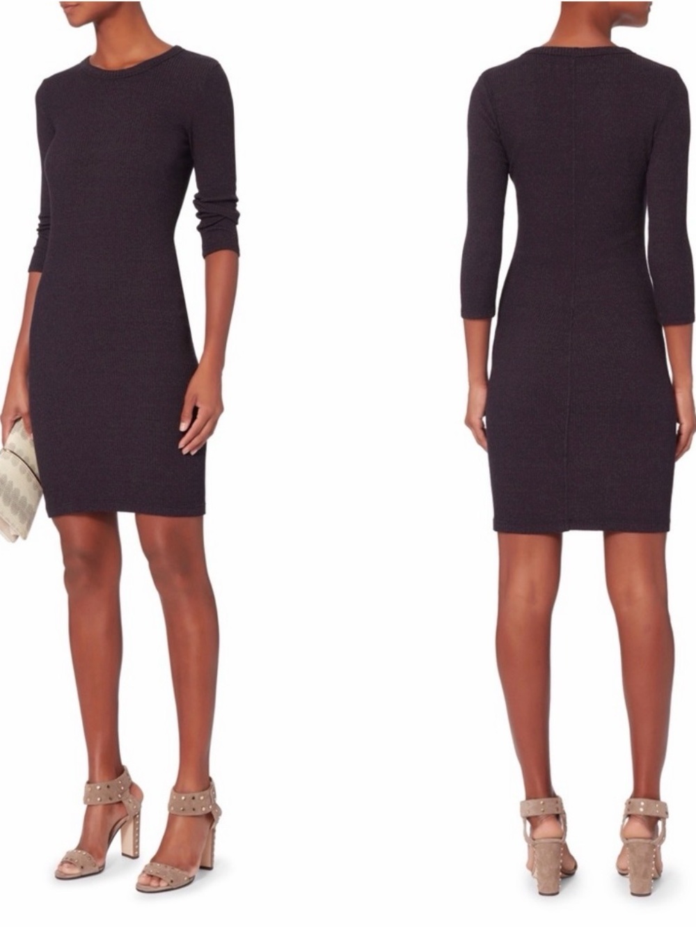 Enza Costa Ribbed Knit 3/4 Sleeve Cotton Blend Bodycon Mini Dress Purple Sz S